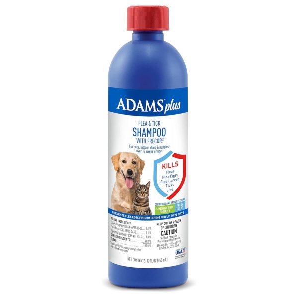 Adams Plus Flea & Tick Shampoo with Precor for Cats, Kittens, Dogs & Puppies Over 12 Weeks Of Age Sensitive Skin Flea Treatment | Kills Adult Fleas, Flea Eggs, Ticks, and Lice| 12 Ounces