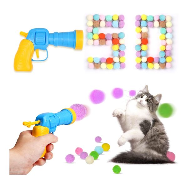 Cat Toy Balls with Launchers Set (1+50), 50 Cat Pom Pom Balls & 1 Cat Toy Ball Launchers (Durable Reinforced Edition), Cat Enrichment Toys, Interactive Cat Toy Balls, Soft & Safe Cat Toys