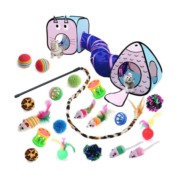 Cat Toys for Indoor Cats, 23 PCS Kitten Toys Set, Collapsible Pet Tunnel Cube Tent Toys, Interactive Cat Feather Teaser Wand Cat Bell Balls Fuzzy Ball Springs Mouse Toys for Cat Kitty