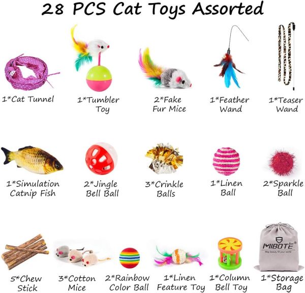 MIBOTE 28Pcs Cat Toys Kitten Toys Assorted, Cat Tunnel Catnip Fish Feather Teaser Wand Fish Fluffy Mouse Mice Balls and Bells Toys for Indoor Cat Puppy Kitty Interactive Cat Toy Set - Image 2