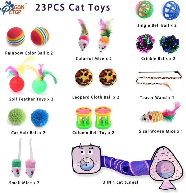 Cat Toys for Indoor Cats, 23 PCS Kitten Toys Set, Collapsible Pet Tunnel Cube Tent Toys, Interactive Cat Feather Teaser Wand Cat Bell Balls Fuzzy Ball Springs Mouse Toys for Cat Kitty - Image 3