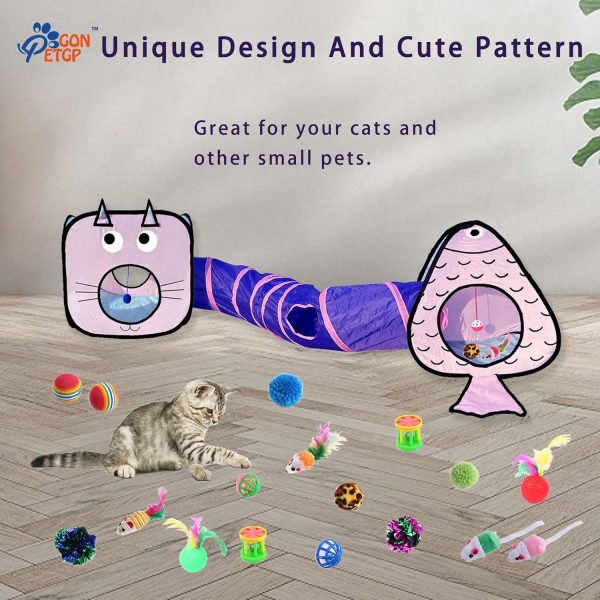 Cat Toys for Indoor Cats, 23 PCS Kitten Toys Set, Collapsible Pet Tunnel Cube Tent Toys, Interactive Cat Feather Teaser Wand Cat Bell Balls Fuzzy Ball Springs Mouse Toys for Cat Kitty - Image 5