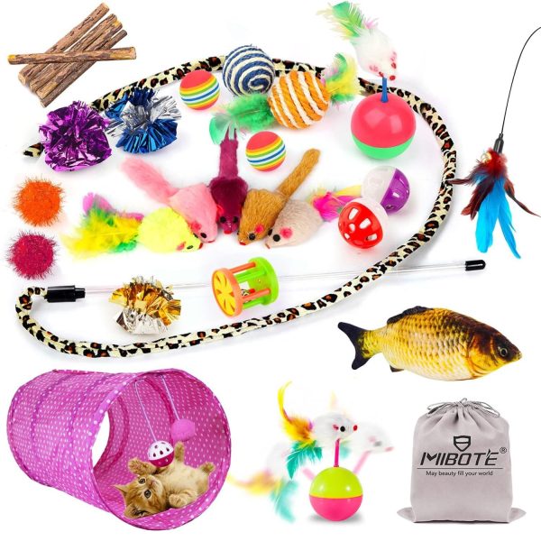 MIBOTE 28Pcs Cat Toys Kitten Toys Assorted, Cat Tunnel Catnip Fish Feather Teaser Wand Fish Fluffy Mouse Mice Balls and Bells Toys for Indoor Cat Puppy Kitty Interactive Cat Toy Set